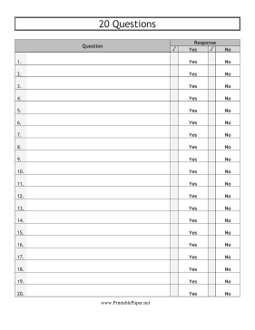 20 Questions Score Sheet Paper