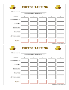 Cheese Tasting Score Card Paper